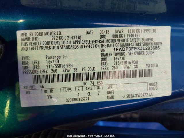 Photo 8 VIN: 1FADP3FEXJL293686 - FORD FOCUS 