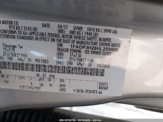 Photo 8 VIN: 1FADP3H28HL259999 - FORD FOCUS 