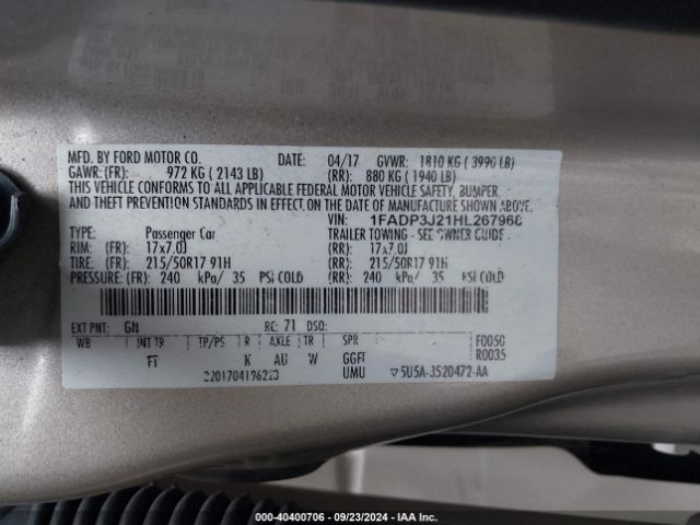 Photo 8 VIN: 1FADP3J21HL267968 - FORD FOCUS 