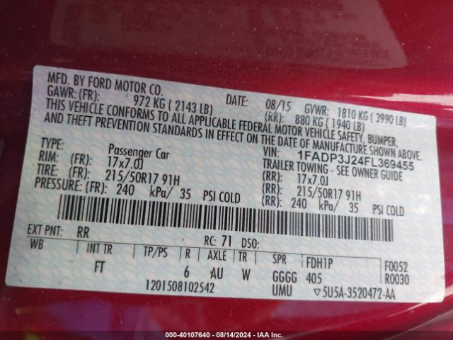 Photo 8 VIN: 1FADP3J24FL369455 - FORD FOCUS 