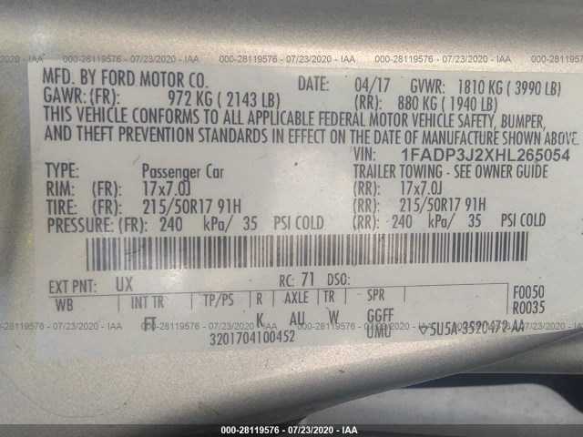 Photo 8 VIN: 1FADP3J2XHL265054 - FORD FOCUS 