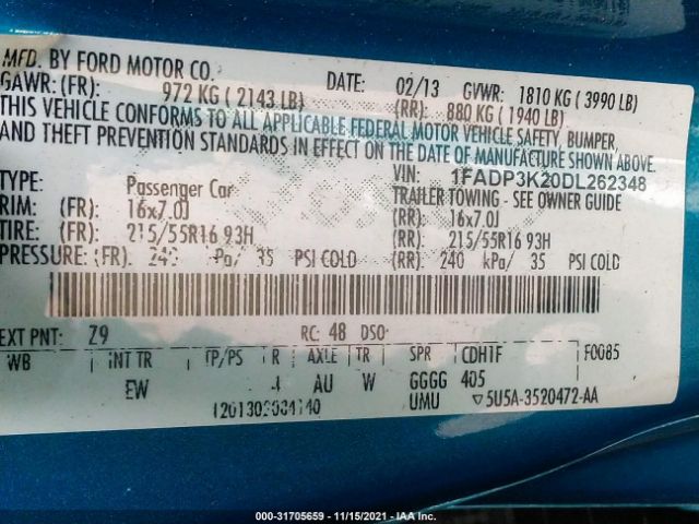 Photo 8 VIN: 1FADP3K20DL262348 - FORD FOCUS 