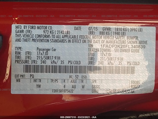 Photo 8 VIN: 1FADP3K20FL340839 - FORD FOCUS 