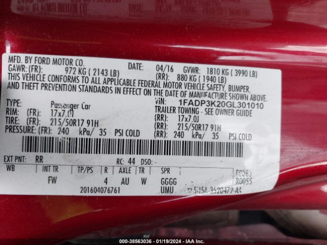 Photo 8 VIN: 1FADP3K20GL301010 - FORD FOCUS 