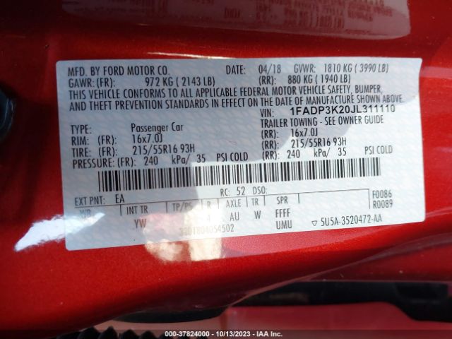 Photo 8 VIN: 1FADP3K20JL311110 - FORD FOCUS 