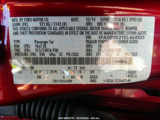 Photo 8 VIN: 1FADP3K21EL424523 - FORD FOCUS 