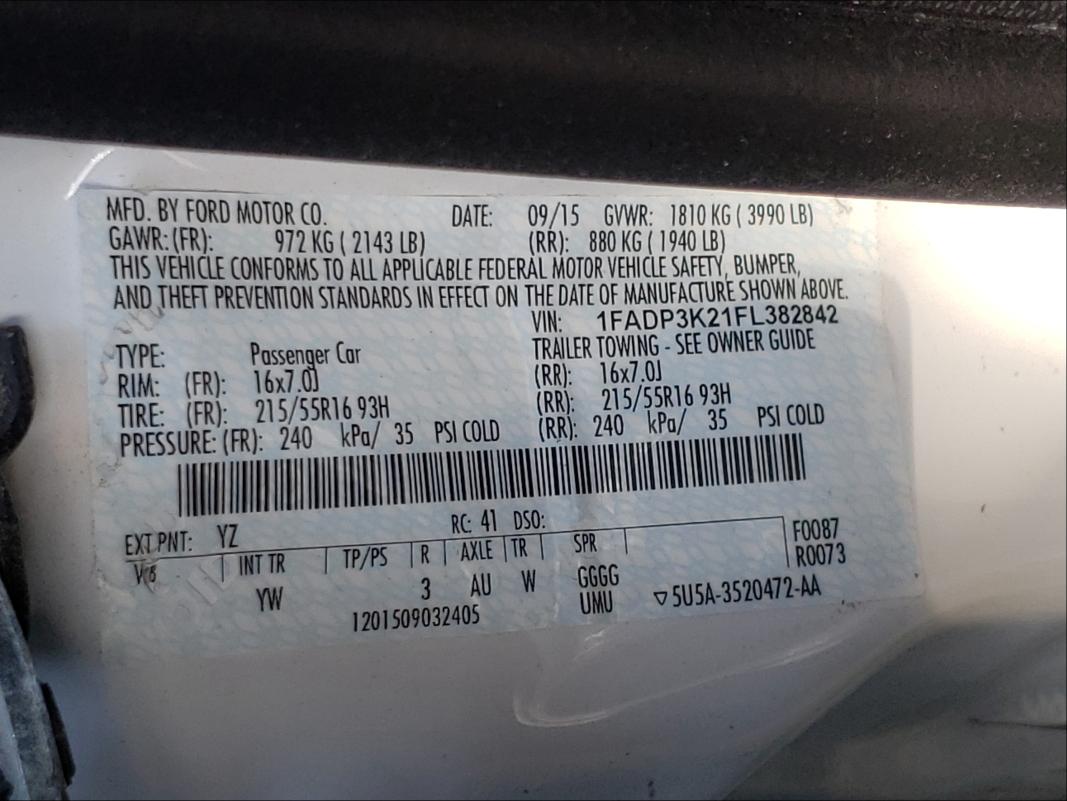 Photo 9 VIN: 1FADP3K21FL382842 - FORD FOCUS SE 