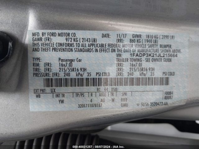 Photo 8 VIN: 1FADP3K21JL215664 - FORD FOCUS 