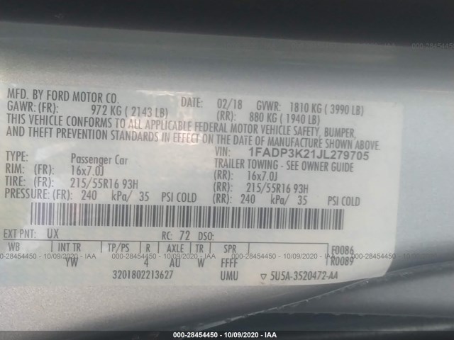 Photo 8 VIN: 1FADP3K21JL279705 - FORD FOCUS 