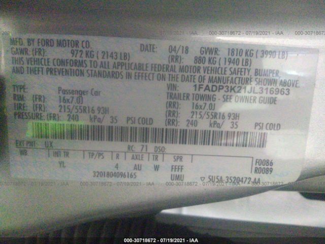 Photo 8 VIN: 1FADP3K21JL316963 - FORD FOCUS 