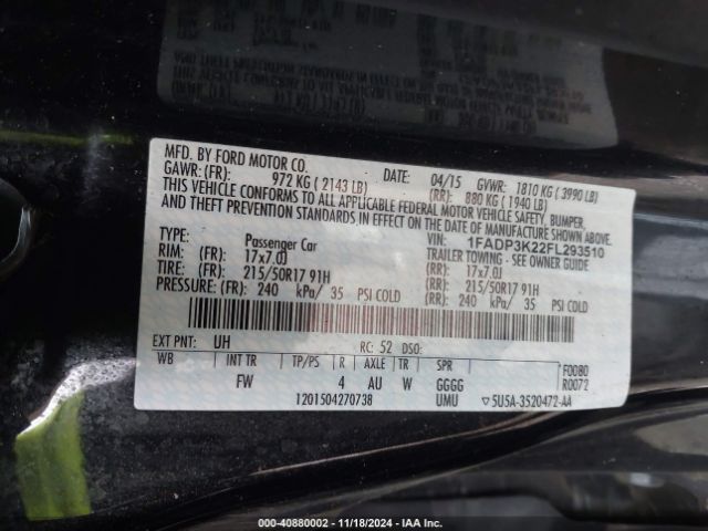 Photo 8 VIN: 1FADP3K22FL293510 - FORD FOCUS 