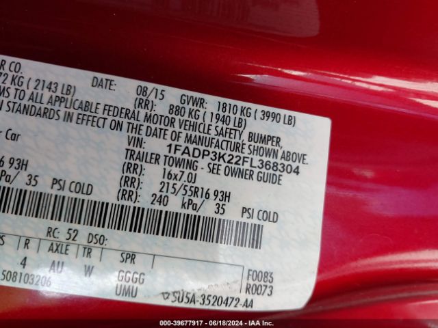 Photo 8 VIN: 1FADP3K22FL368304 - FORD FOCUS 