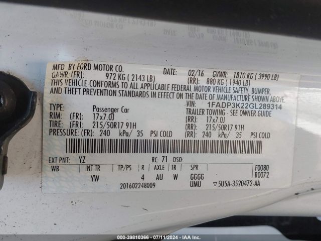 Photo 8 VIN: 1FADP3K22GL289314 - FORD FOCUS 