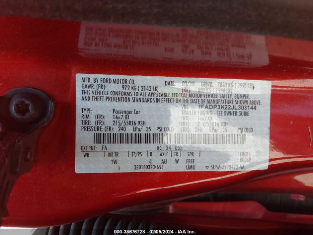 Photo 8 VIN: 1FADP3K22JL308144 - FORD FOCUS 