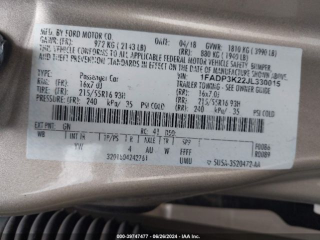 Photo 8 VIN: 1FADP3K22JL330015 - FORD FOCUS 