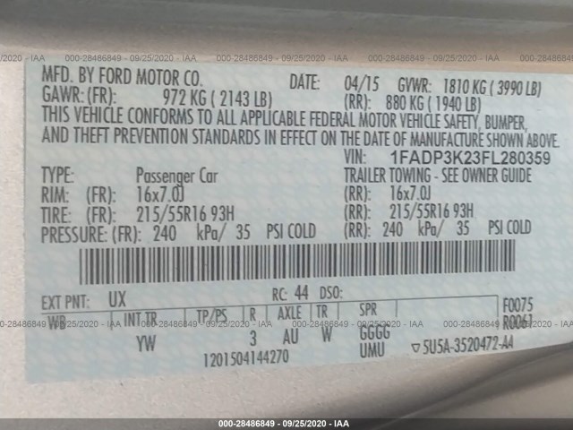 Photo 8 VIN: 1FADP3K23FL280359 - FORD FOCUS 