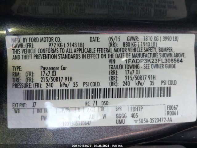 Photo 8 VIN: 1FADP3K23FL308564 - FORD FOCUS 