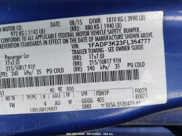 Photo 8 VIN: 1FADP3K23FL364777 - FORD FOCUS 