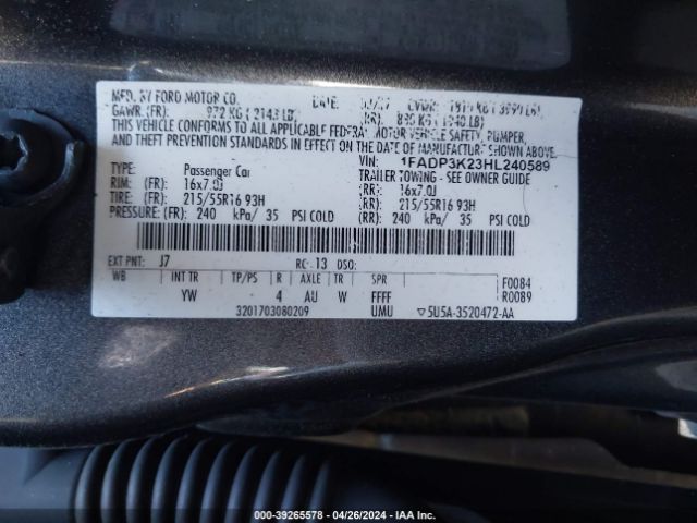 Photo 8 VIN: 1FADP3K23HL240589 - FORD FOCUS 