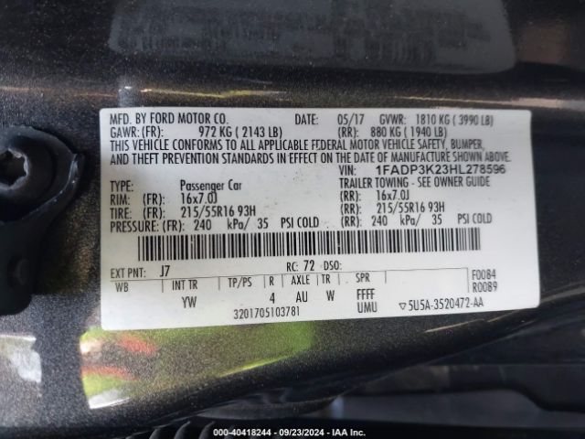 Photo 8 VIN: 1FADP3K23HL278596 - FORD FOCUS 