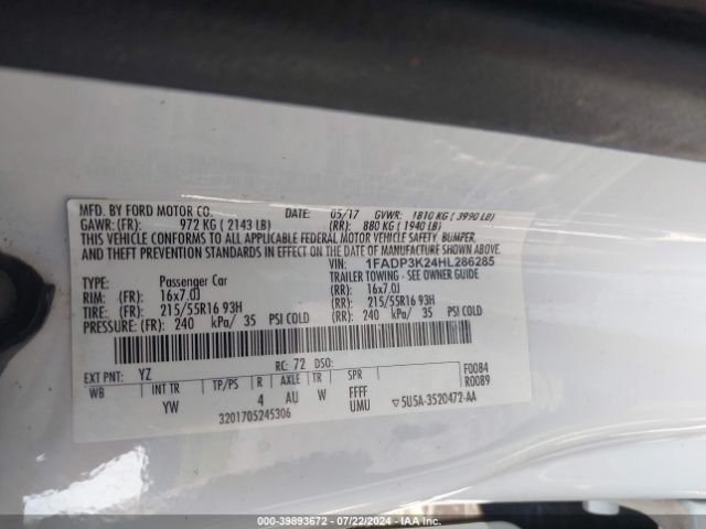 Photo 8 VIN: 1FADP3K24HL286285 - FORD FOCUS 