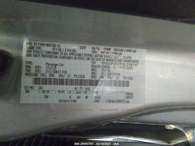 Photo 8 VIN: 1FADP3K25GL316117 - FORD FOCUS 