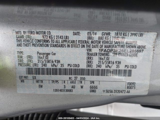 Photo 8 VIN: 1FADP3K26EL285697 - FORD FOCUS 