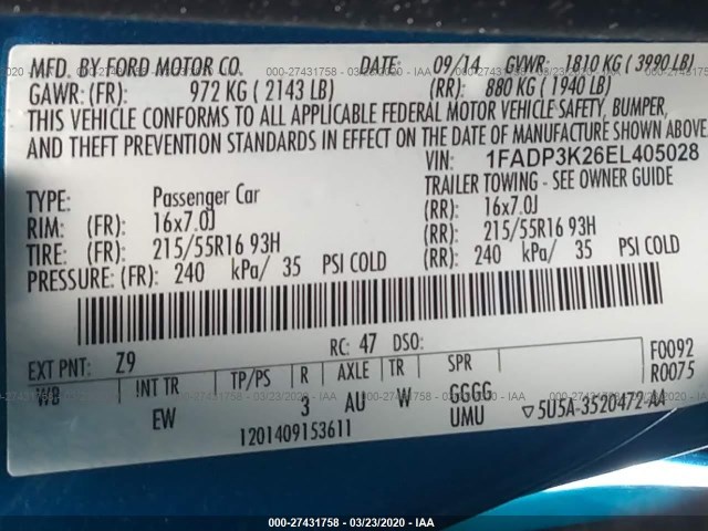 Photo 8 VIN: 1FADP3K26EL405028 - FORD FOCUS 