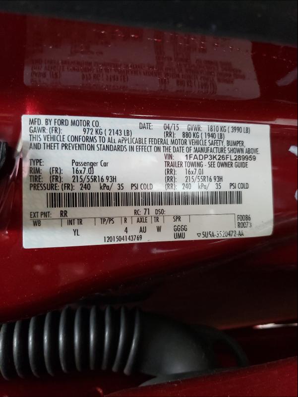 Photo 9 VIN: 1FADP3K26FL289959 - FORD FOCUS SE 