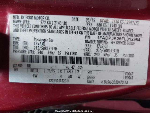 Photo 8 VIN: 1FADP3K26FL312964 - FORD FOCUS 