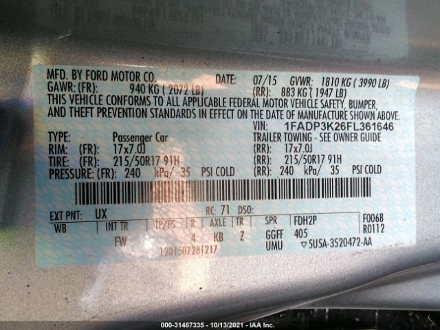 Photo 8 VIN: 1FADP3K26FL361646 - FORD FOCUS 