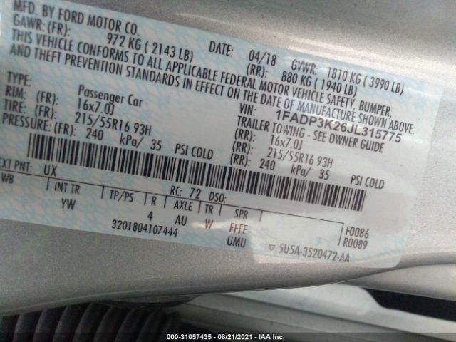 Photo 8 VIN: 1FADP3K26JL315775 - FORD FOCUS 