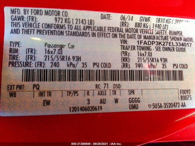 Photo 8 VIN: 1FADP3K27EL334017 - FORD FOCUS 