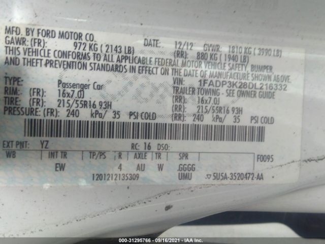 Photo 8 VIN: 1FADP3K28DL216332 - FORD FOCUS 