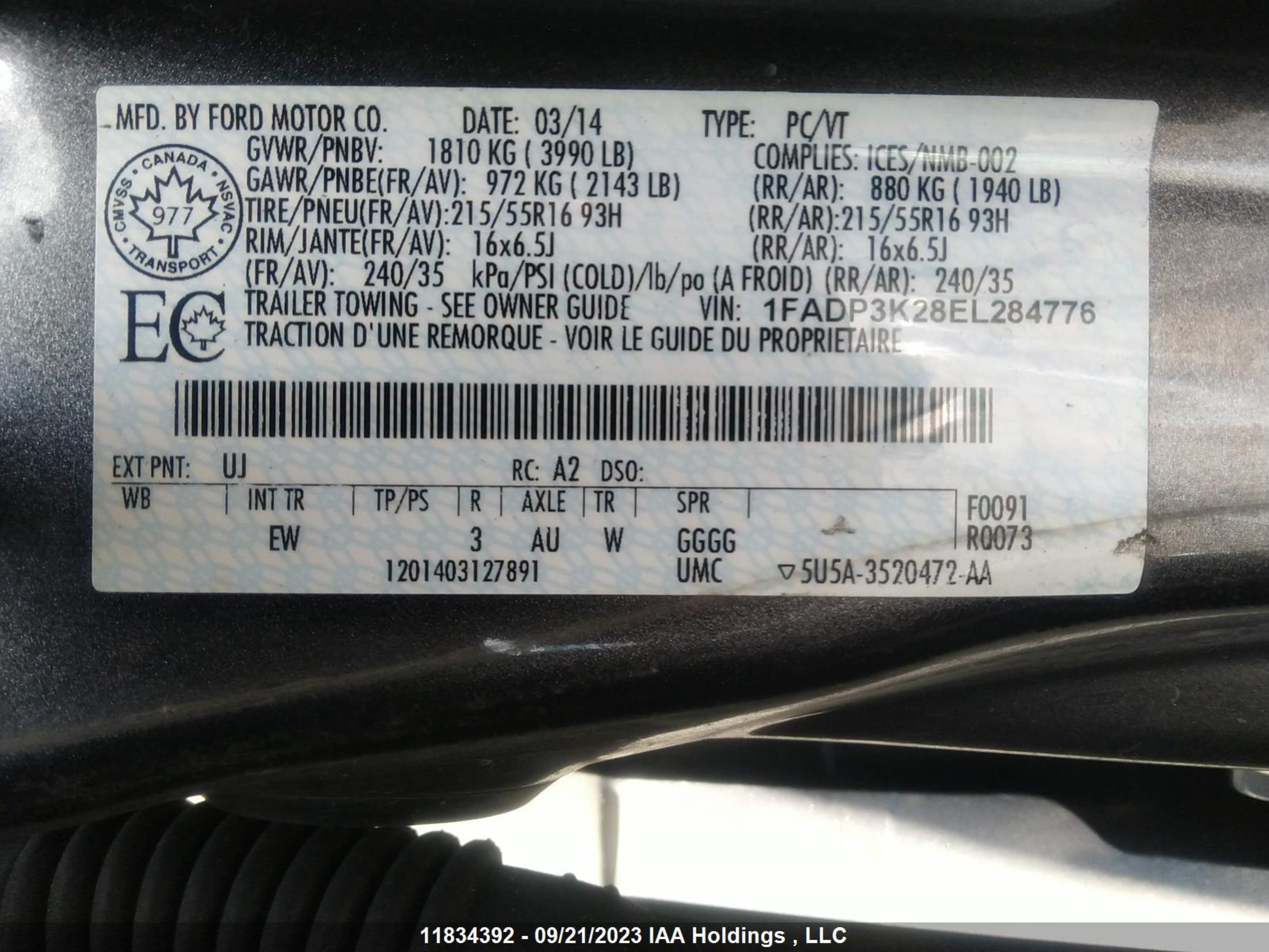 Photo 8 VIN: 1FADP3K28EL284776 - FORD FOCUS 