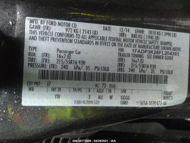 Photo 8 VIN: 1FADP3K28FL204393 - FORD FOCUS 