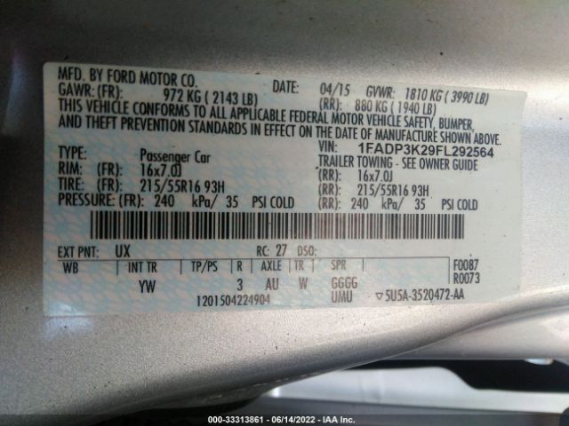 Photo 8 VIN: 1FADP3K29FL292564 - FORD FOCUS 