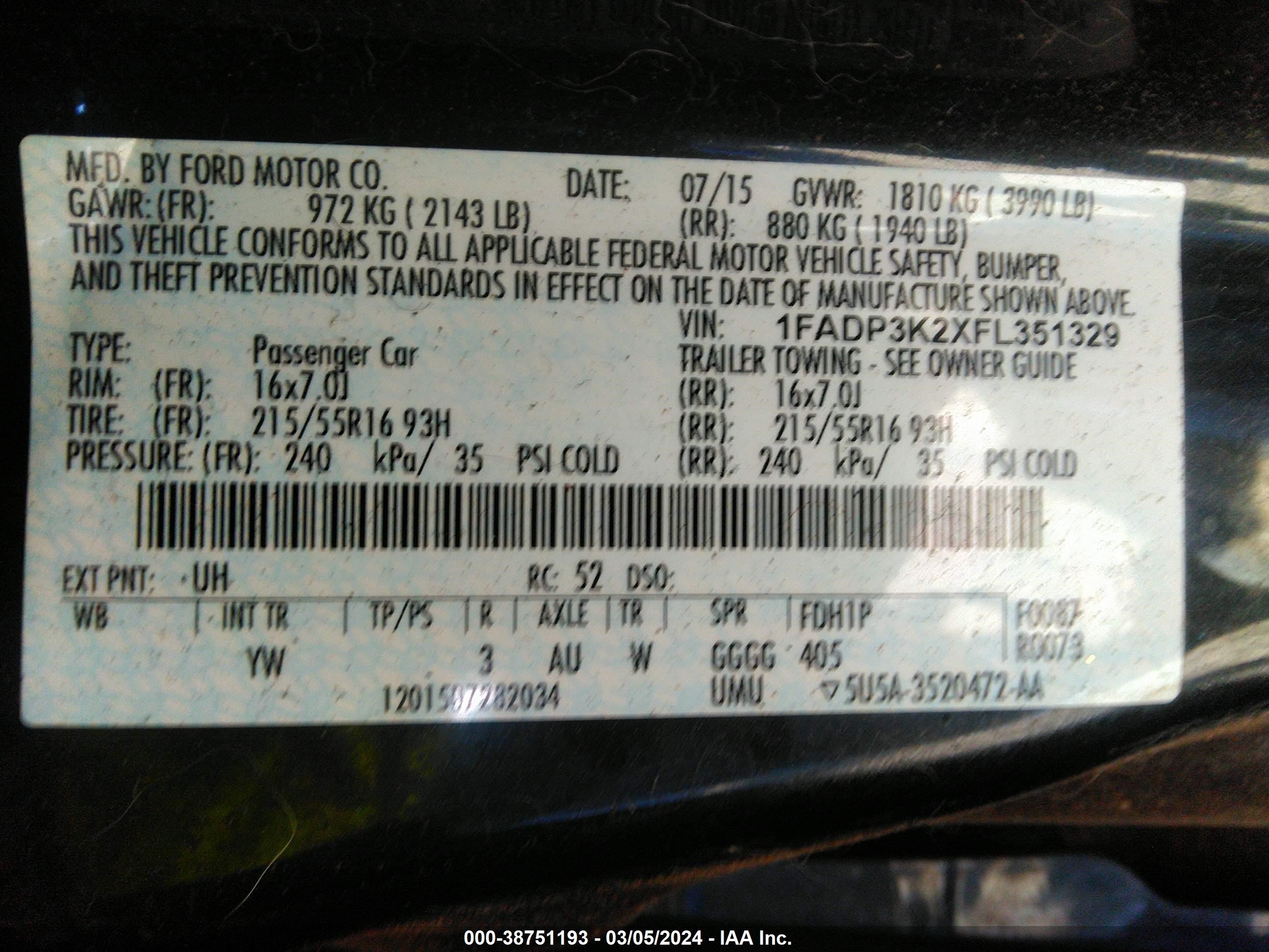 Photo 8 VIN: 1FADP3K2XFL351329 - FORD FOCUS 