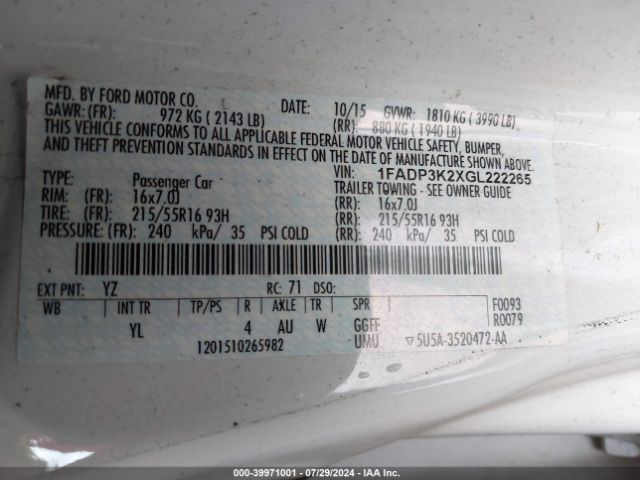 Photo 8 VIN: 1FADP3K2XGL222265 - FORD FOCUS 