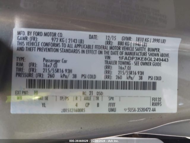 Photo 8 VIN: 1FADP3KE8GL249443 - FORD FOCUS 