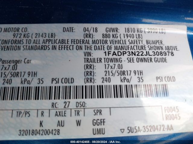 Photo 8 VIN: 1FADP3N22JL308978 - FORD FOCUS 