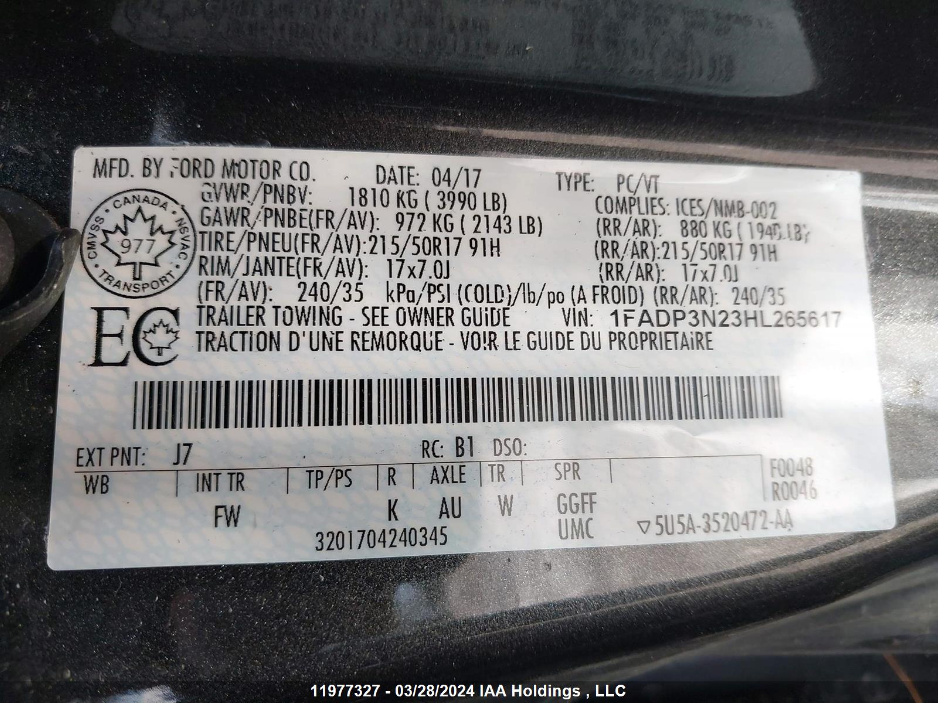 Photo 8 VIN: 1FADP3N23HL265617 - FORD FOCUS 