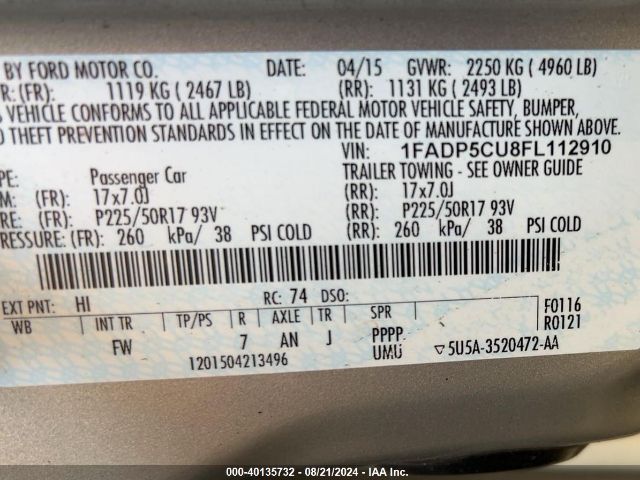 Photo 8 VIN: 1FADP5CU8FL112910 - FORD C-MAX 