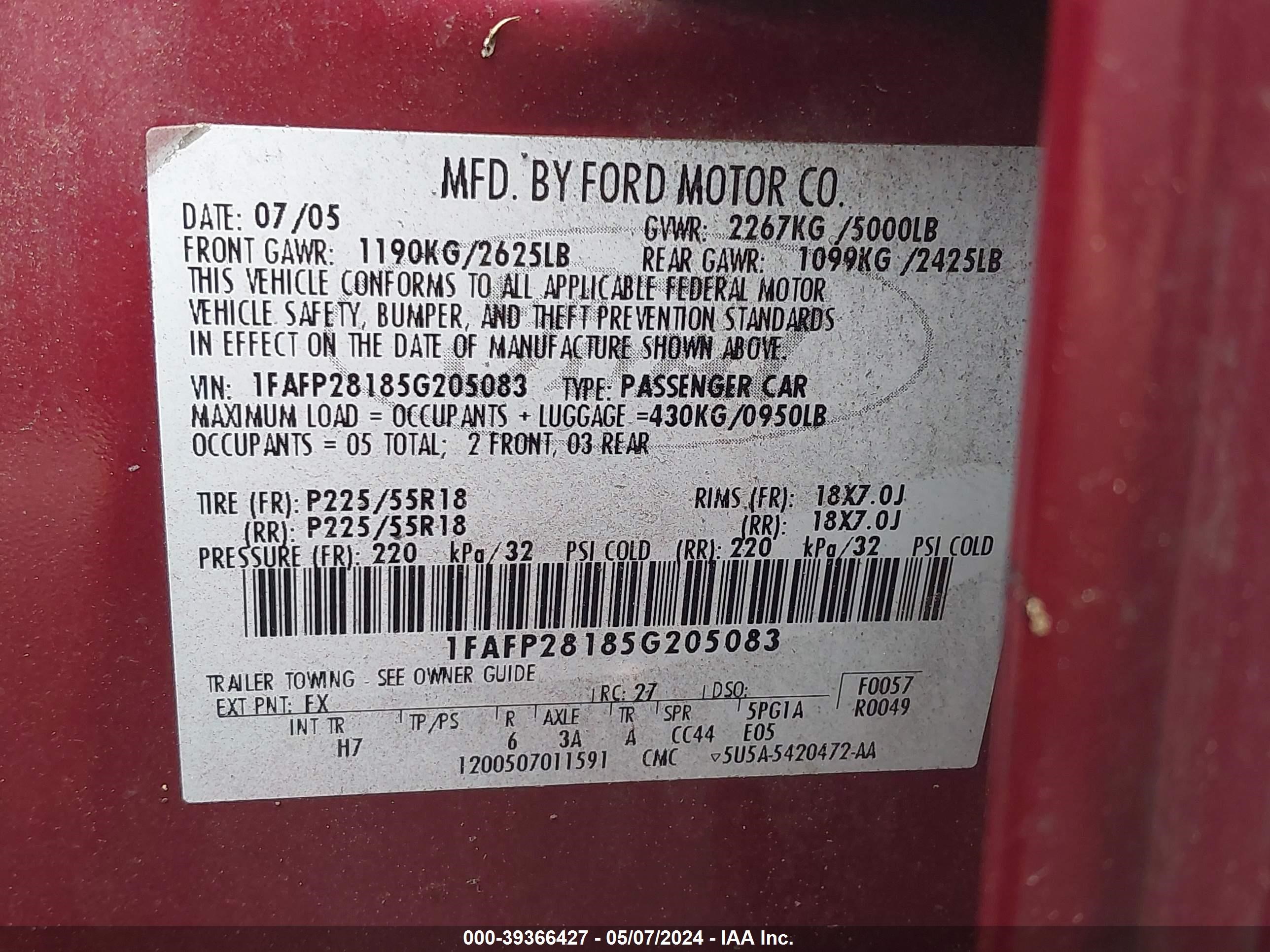 Photo 8 VIN: 1FAFP28185G205083 - FORD FIVE HUNDRED 