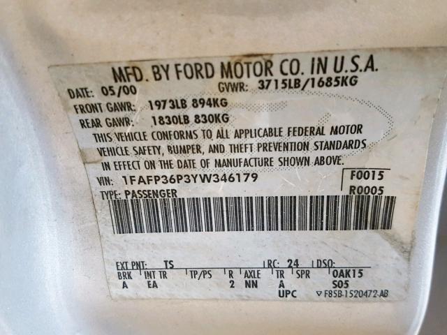 Photo 9 VIN: 1FAFP36P3YW346179 - FORD FOCUS SE 