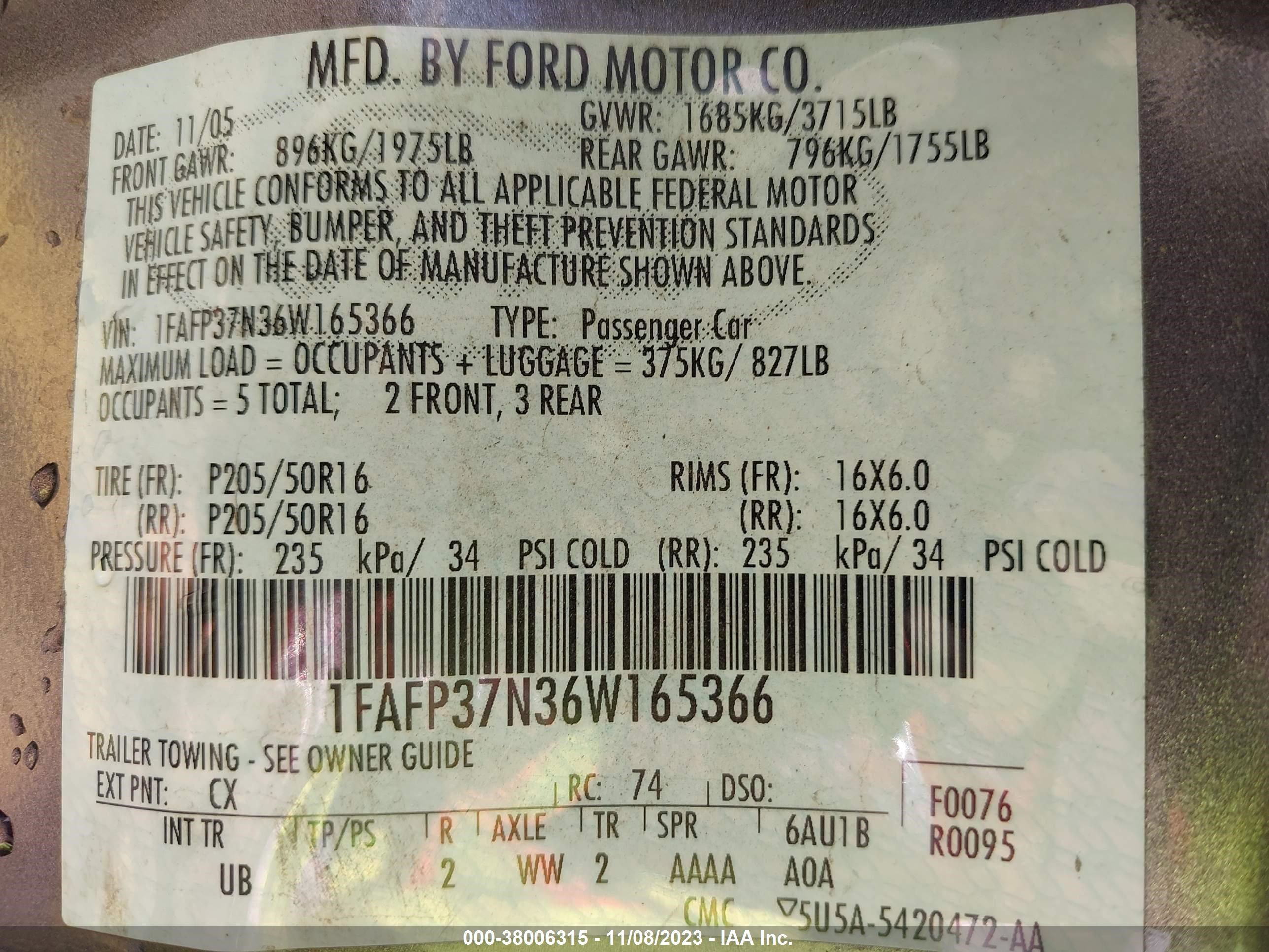 Photo 8 VIN: 1FAFP37N36W165366 - FORD FOCUS 