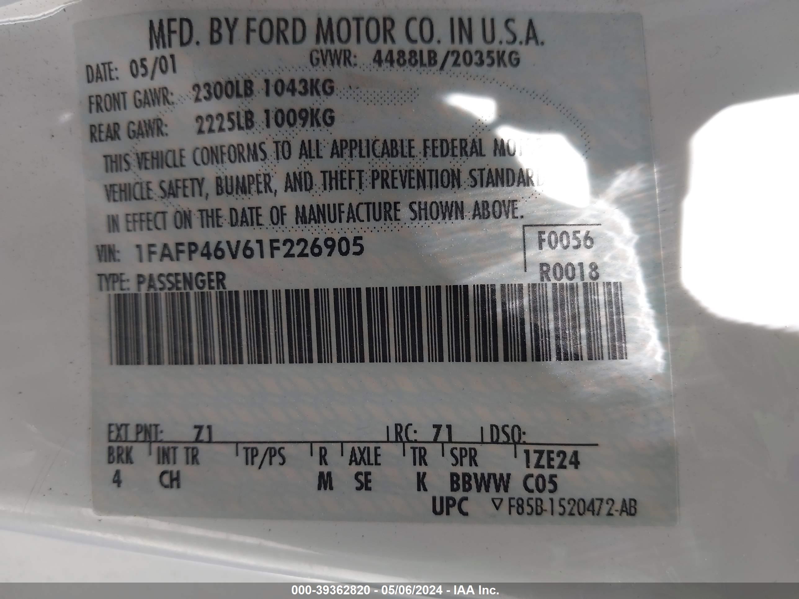 Photo 8 VIN: 1FAFP46V61F226905 - FORD MUSTANG 