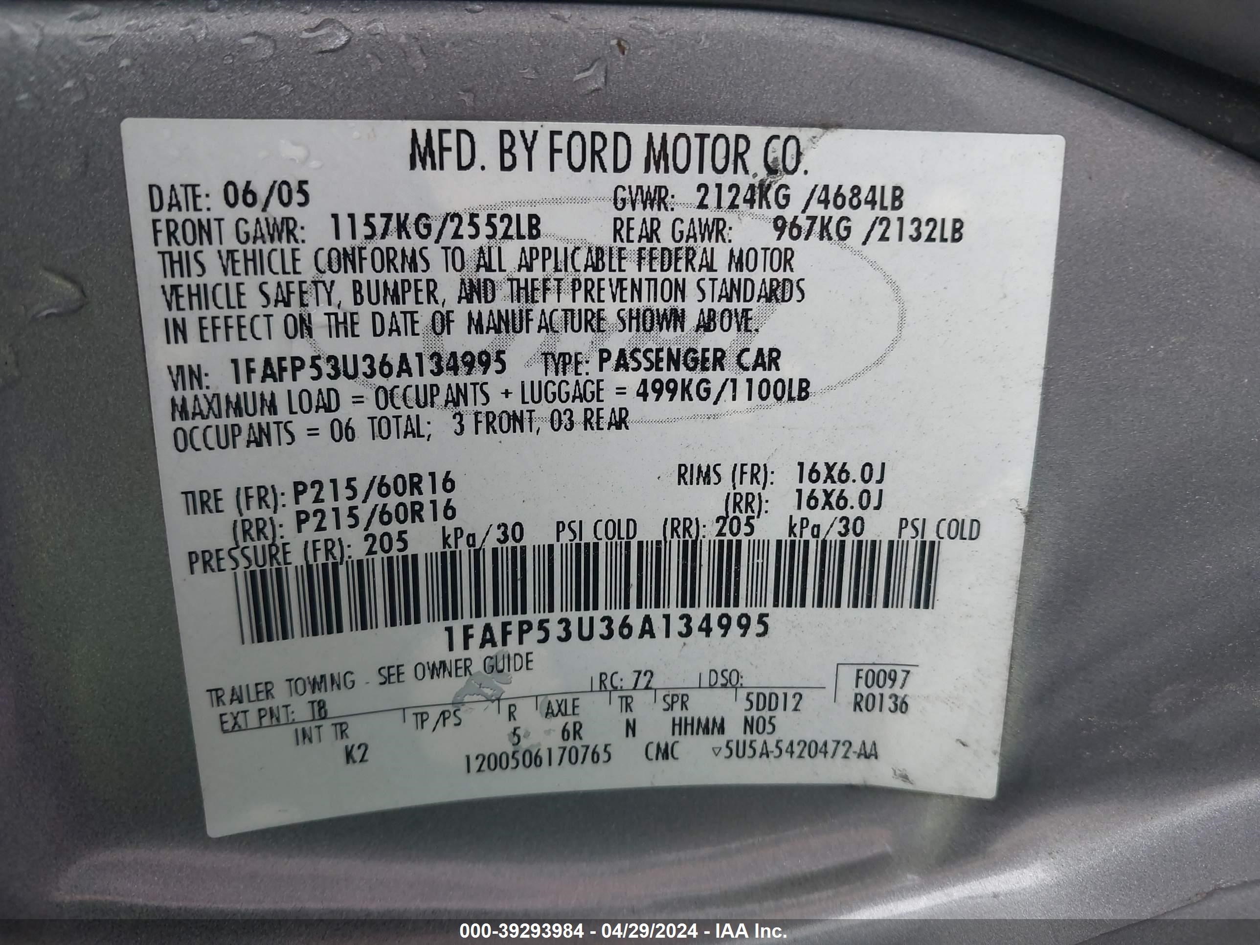 Photo 8 VIN: 1FAFP53U36A134995 - FORD TAURUS 