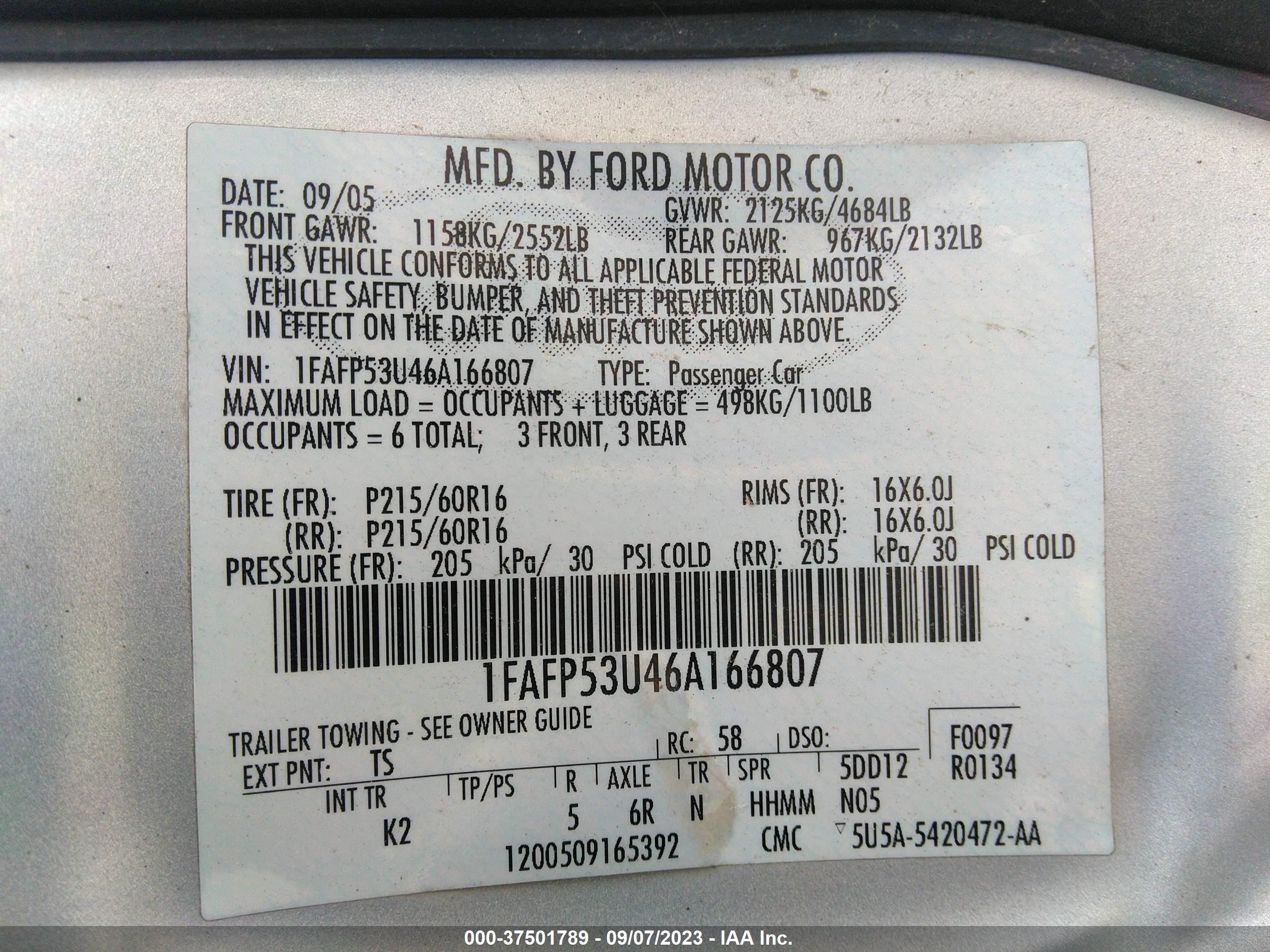 Photo 8 VIN: 1FAFP53U46A166807 - FORD TAURUS 