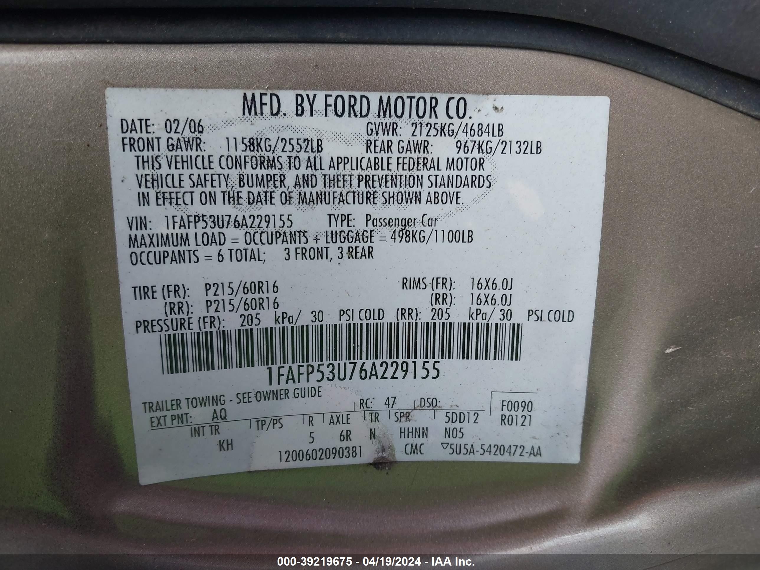 Photo 8 VIN: 1FAFP53U76A229155 - FORD TAURUS 